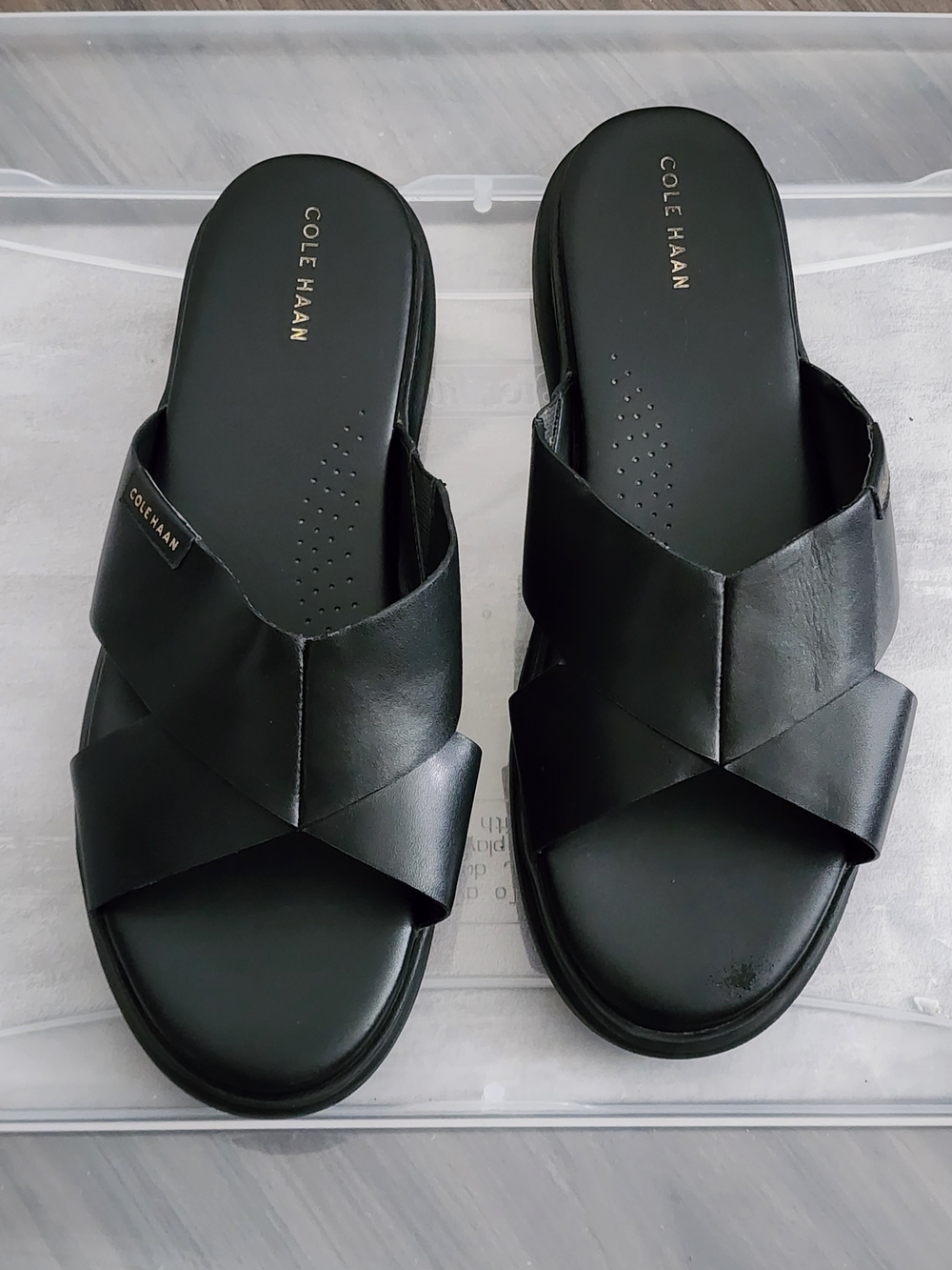 Cole Haan Women's Black Leather Cross-Strap Slide Sandals